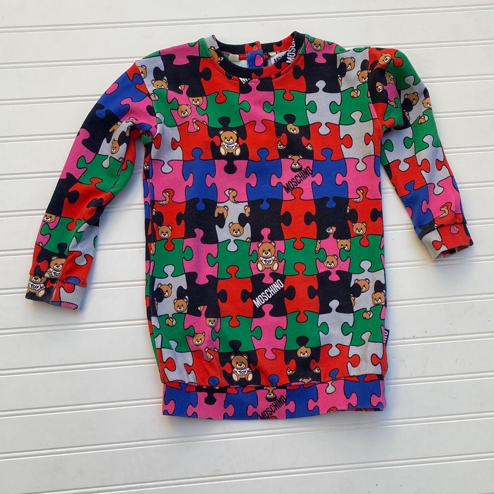 Moschino Baby Multicolor Puzzle Bear Toddler Sweatshirt Dress 3T